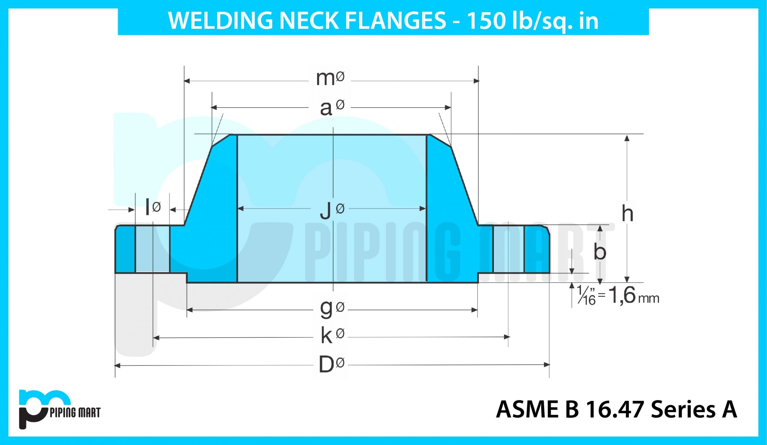welding neck 150 flanges dimension